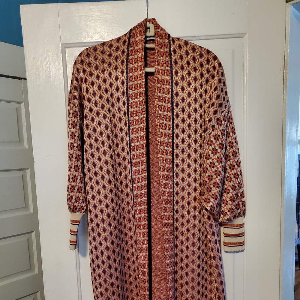 Zara gold knit jacquard duster length cardigan